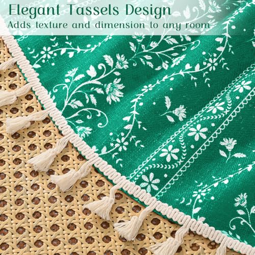 Image of Yinhua Boho Kitchen Curtains 36 Inch Length Vintage Linen Cafe Curtains Light Filtering Bohemian Floral Tier Rod Pocket Farmhouse Rustic Tassel Small Drapes with Tiebacks, 2 Panels, Teal
