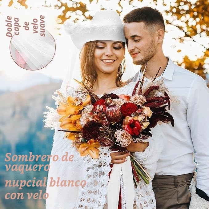 12 sombreros de vaquero y velo para despedida de soltera, sombrero de vaquera para boda, decoración de fiesta de novia, regalo de novia, novedad country-western (blanco, rosa)