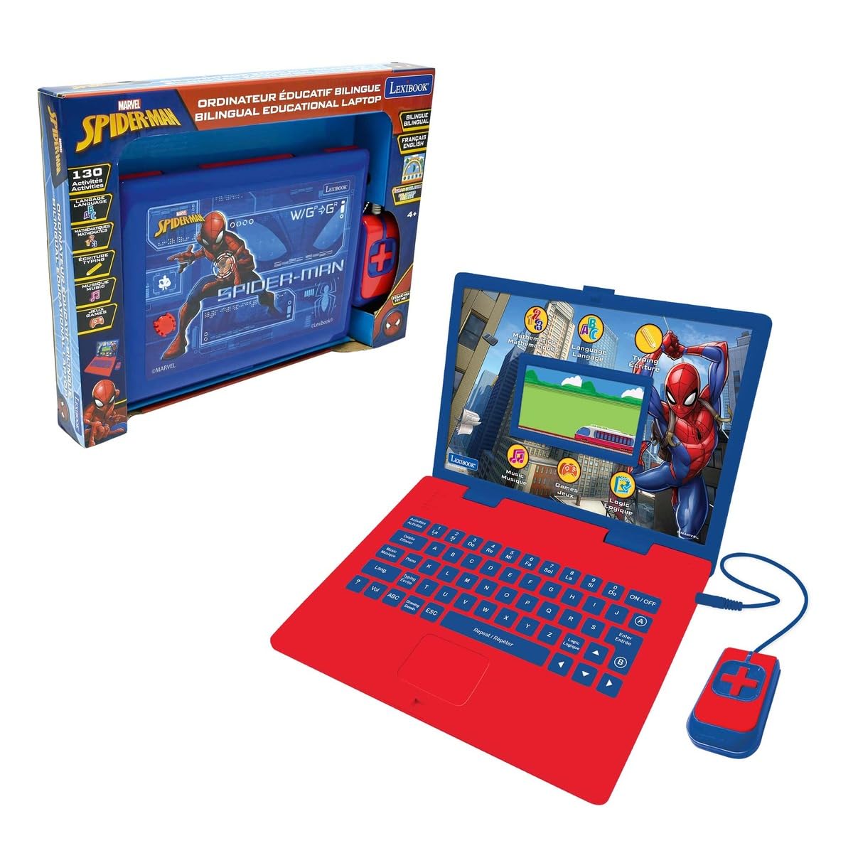 Lexibook Spider-Man - Ordenador portátil Educativo bilingüe (130 Actividades de Aprendizaje, matemáticas, Idiomas, lógica, Juegos y música, JC798SPi1LXB