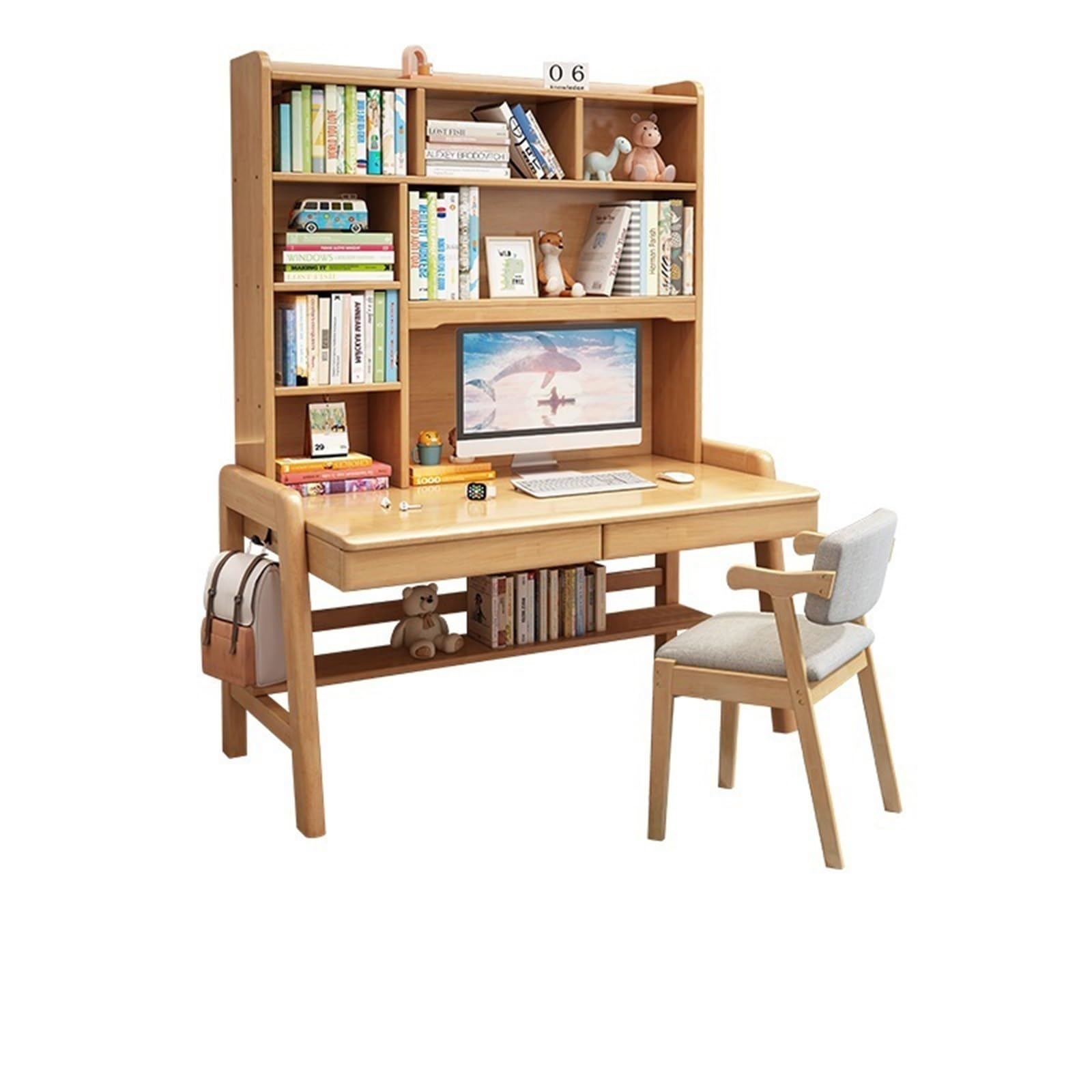 Solid Wood Study Desk and Bookshelf Combo, Simple Home Office and