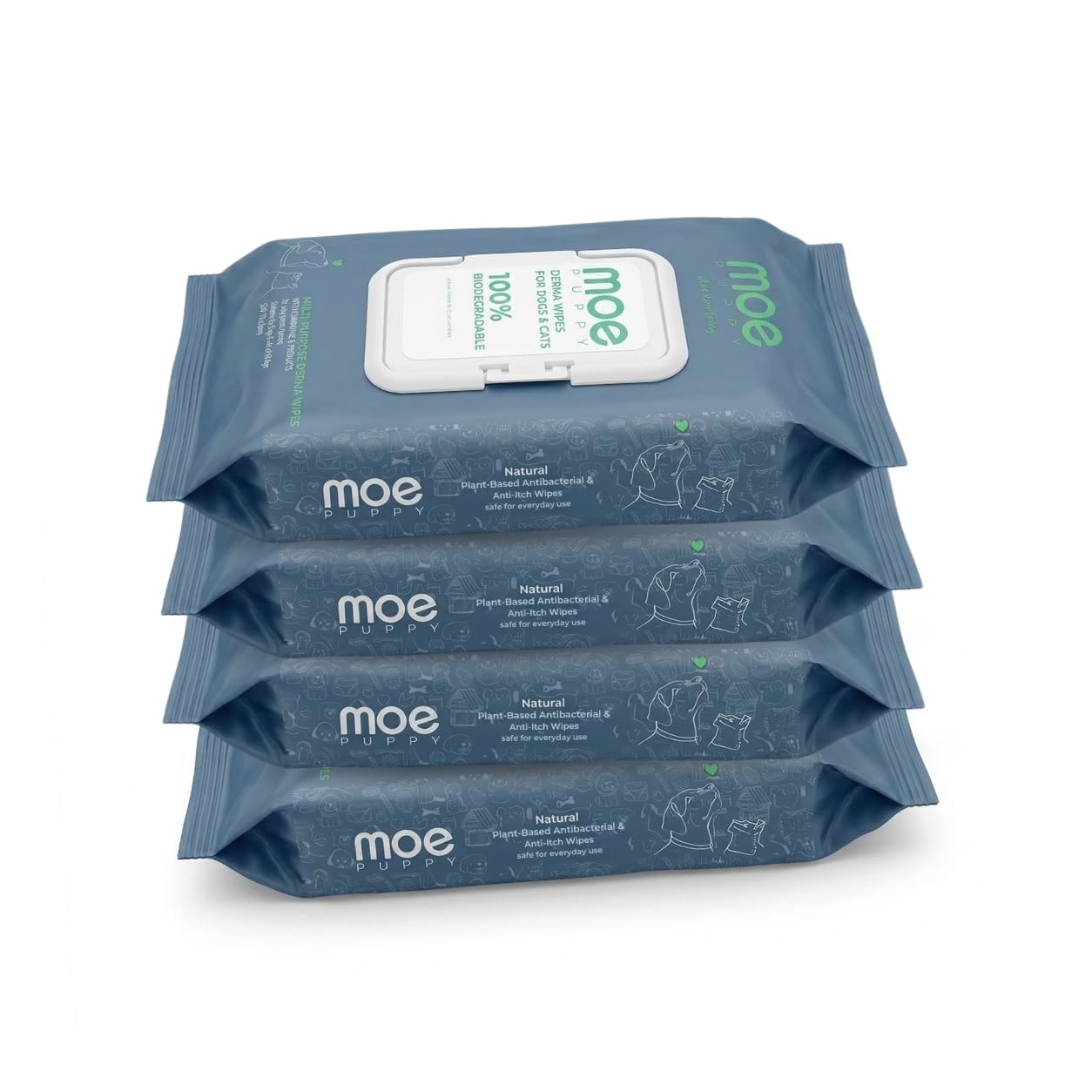 Moe Puppy Derma Wipes for Dogs & Cats | 200 Wipes (Pack of 4) | Biodegradable Pet Wipes | Chlorhexidine & Probiotics | Anti-Itch, Antibacterial | Aloe Vera & Cucumber | Daily Cleaning-image-12