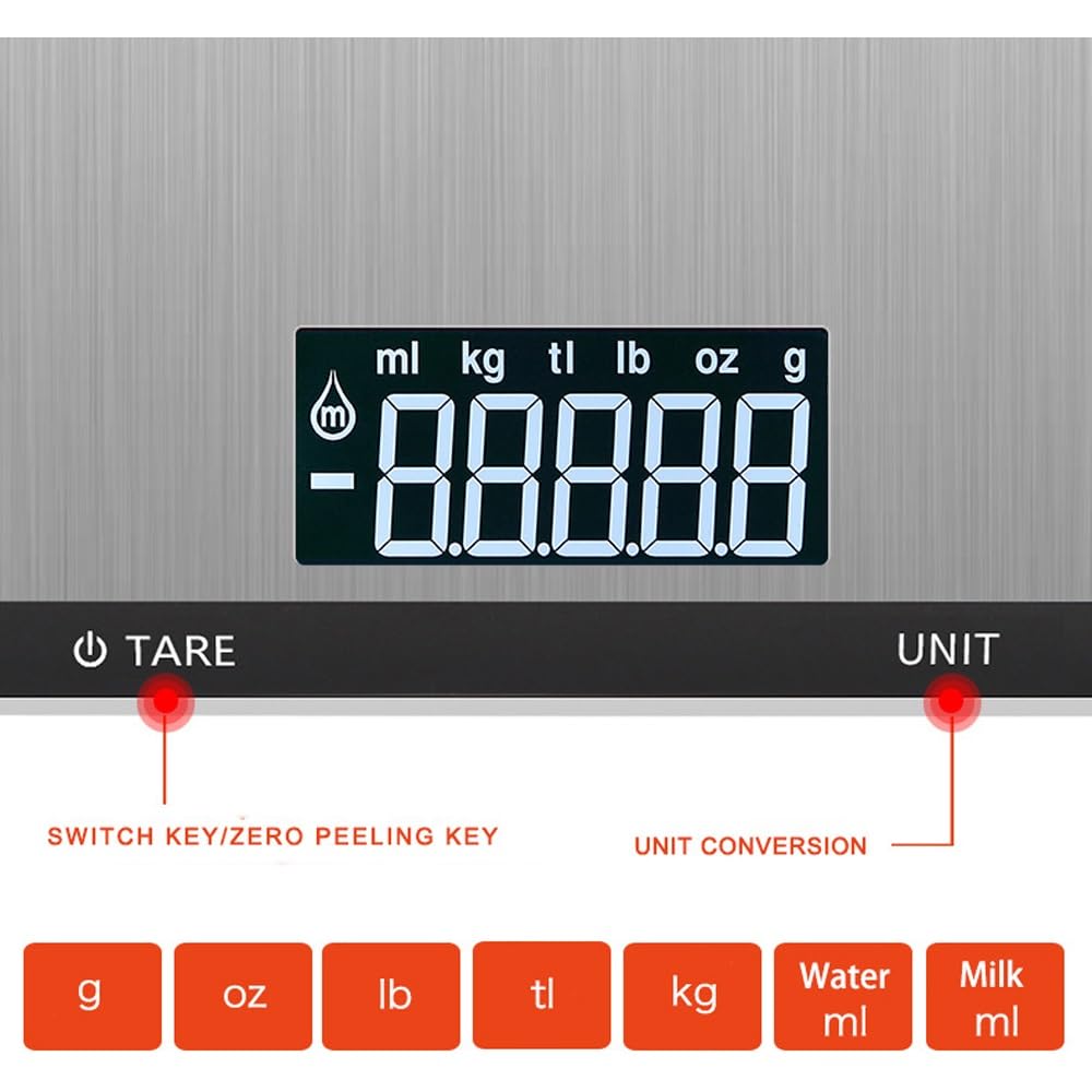 Báscula for Alimentos, Báscula Digital de Cocina, Peso en Onzas y Gramos for Cocinar y Hornear, Acero Inoxidable, 7 Unidades con Función de Tara, Pantalla LCD(5kg/1g)