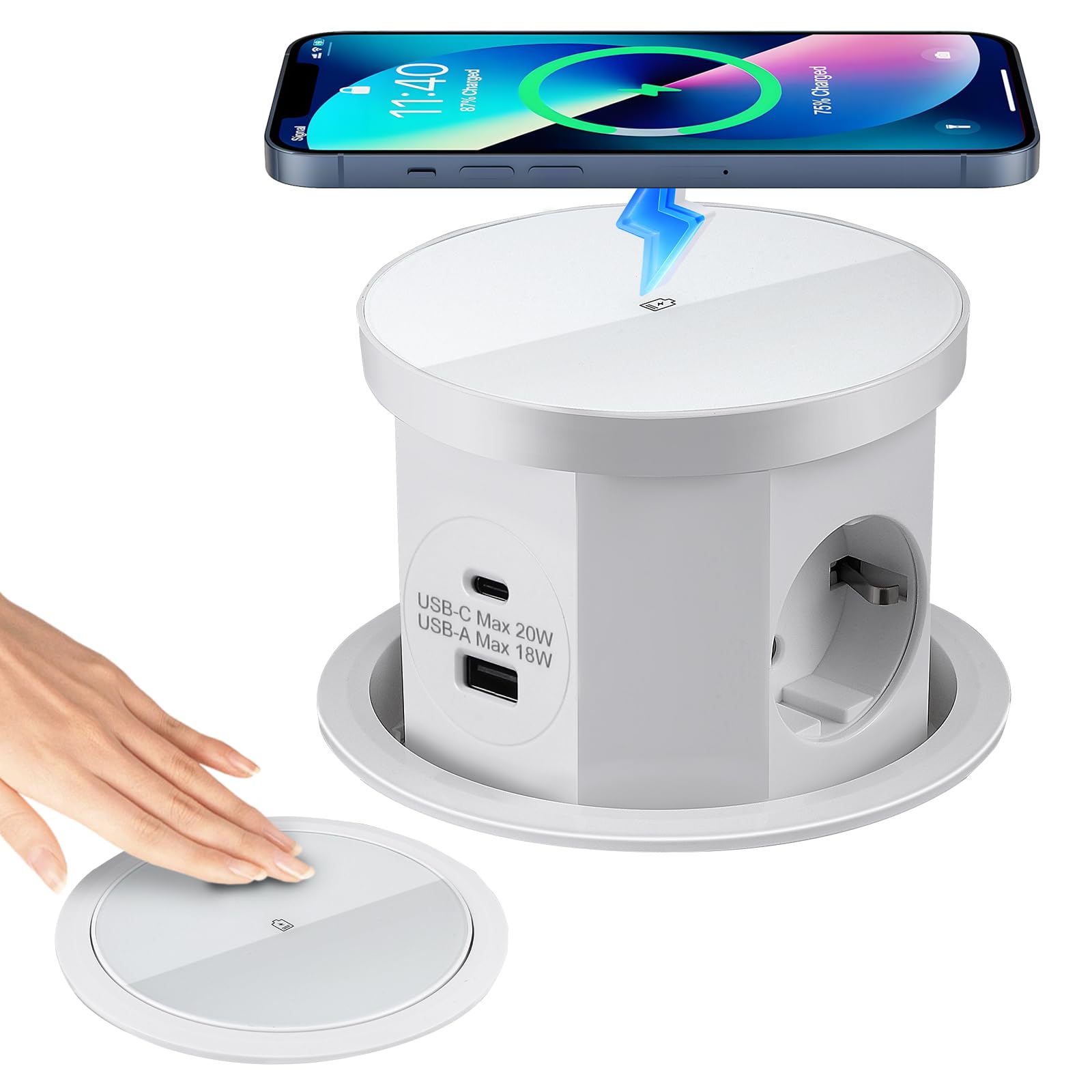 Regleta de toma empotrable para encimera, multienchufe empotrable, toma de mesa retráctil con 3 enchufes, 1 USB-C y 1 USB-A - Mesa retráctil - con cargador inalámbrico (blanco)