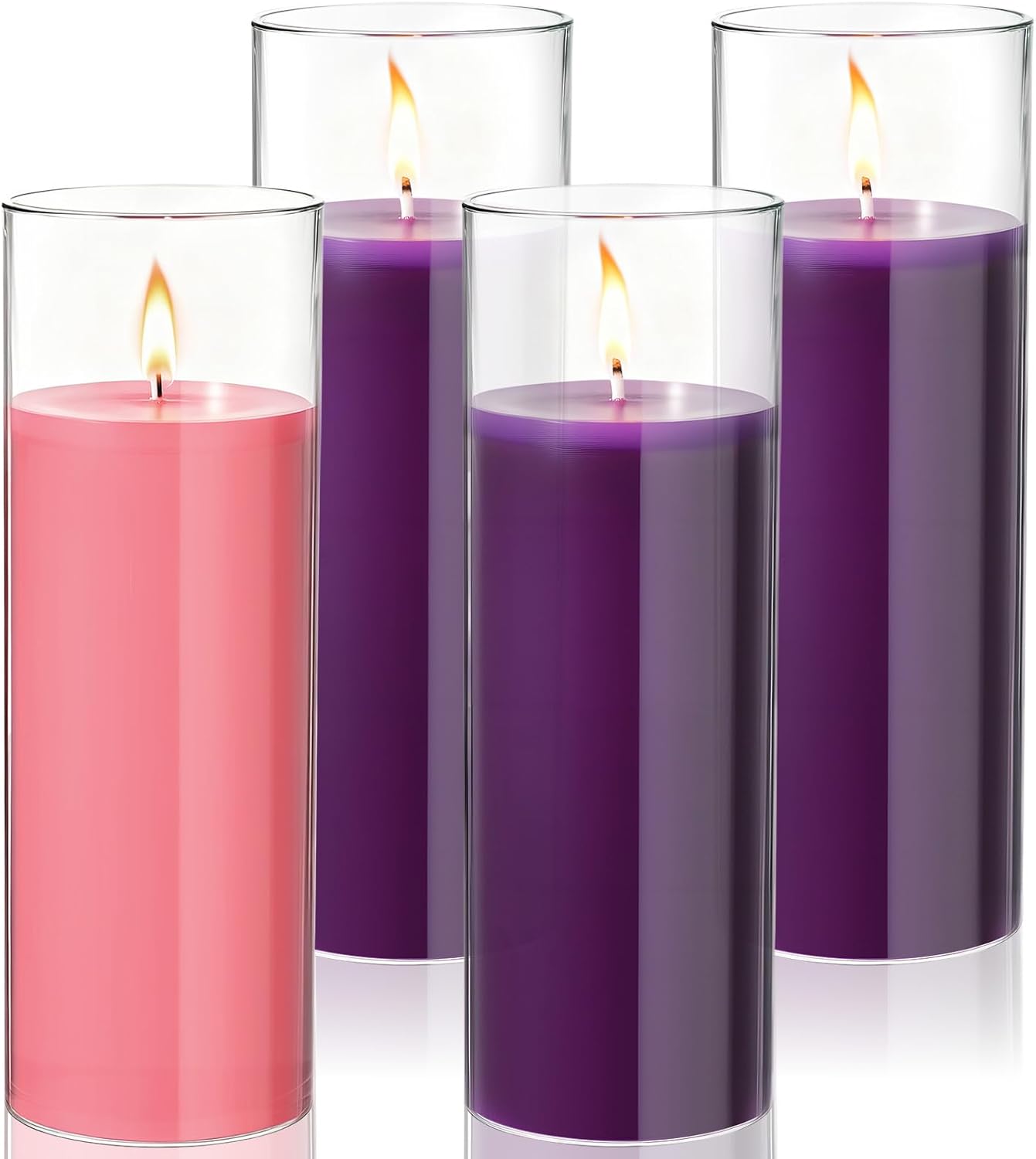 Shihanee 4 Sets Advent Purple Pillar Candles and Glass Cylinder Vases Tall Cylinder Holders, Large Size Advent Wreaths Candle Perfusion for Christmas Pillar Candles Wedding Centerpieces