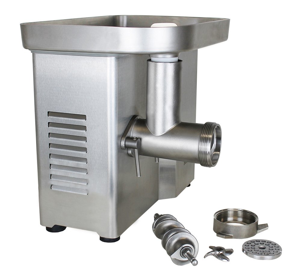 Beeketal 'FW550P' Industrie Fleischwolf für bis zu 150 kg/Std. Durchsatz, direktübersetzer 550W Motor mit ölgelagertem Getriebe und Rückwärtsgang, inkl. 2 Messer, 3 Lochscheiben, Fleischstopfer