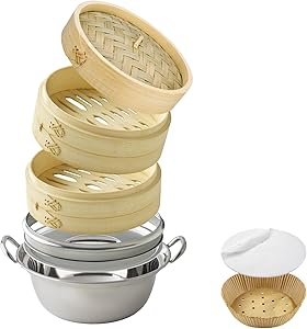 自社独自開発 蒸気の強さUP！ 竹蒸篭 花すのこ 21cm セイロ2段 + 蓋 + 保護輪 + 蒸し板 + 直火・IH 蒸篭専用鍋 + セイロ専用用紙30枚付 滴水製作所 TMTS-AN-2121