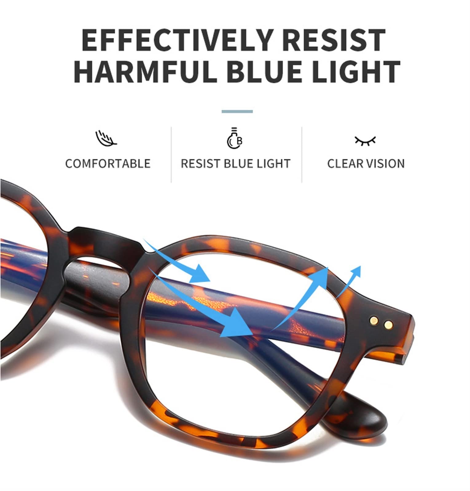 Lunette Anti Lumiere Bleue Computer Glasses Verres d'ordinateur Verres de Jeu Carré irrégulier Anti-Bleu Clair Miroir Plate rivete Cadre Bleu lumière bloquante Lunettes