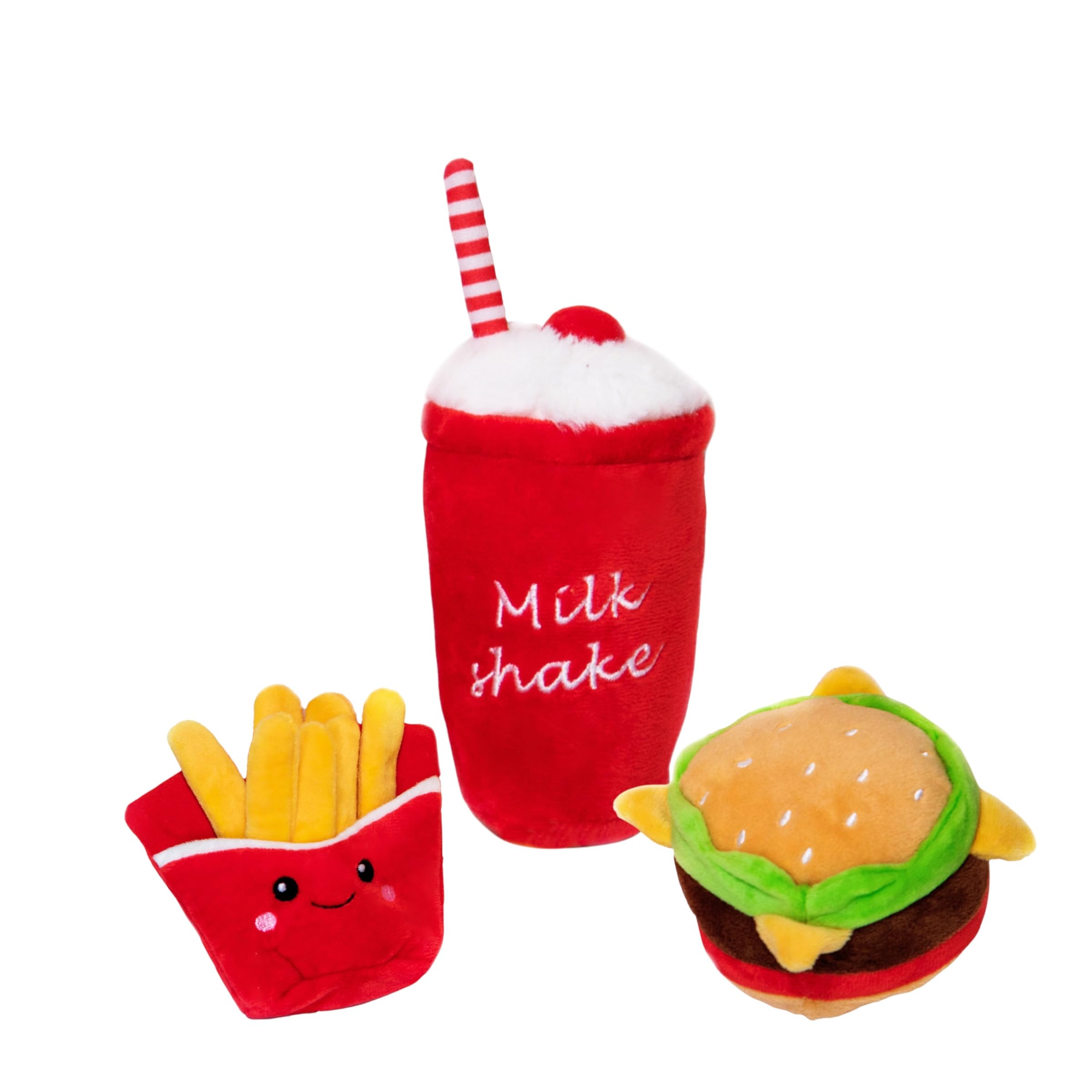 Glow Pups Dog Toys, Squeaky Plush Food Parody Dog Toy with Fun Fast Food Design, Durable Plush Material for Small to Medium Dogs (3 Pack: Hamburger, Fries, Milkshake) - Red
