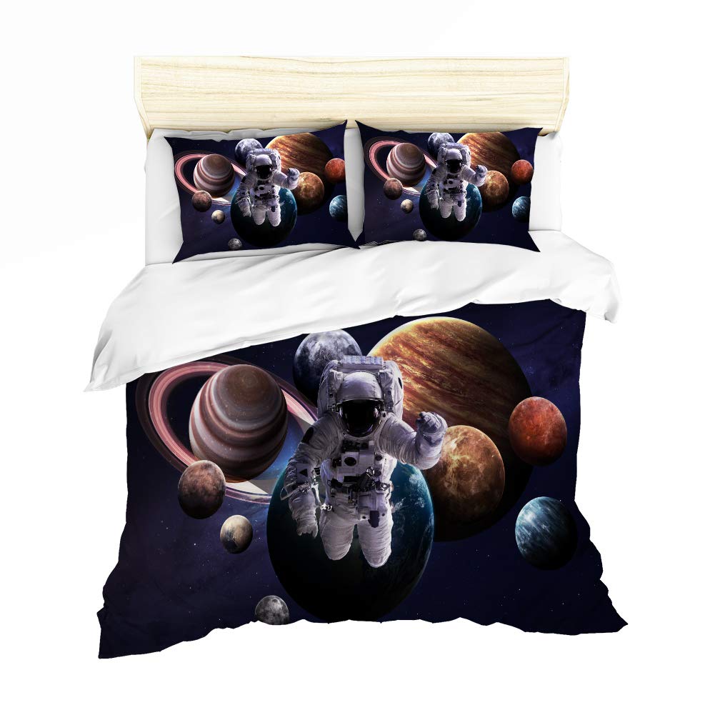 URLINENS Space Astronaut Duvet Cover Set for Boys Girls Twin 3 Piece, 3D Printed Astronaut Leaving the Earth into Outer Space with 9 Planets Image, Decorative Bedding Set with 2 Pillowcase, Blue Brown