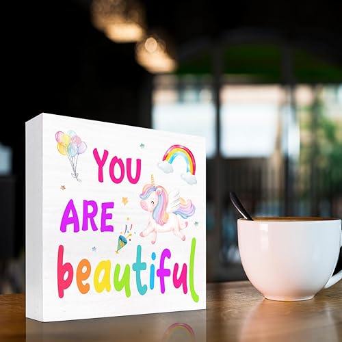 Miniatura 3 de Letrero de madera con texto en inglés "You are Beautiful - Decoración de escritorio inspiradora para niña, decoración de escritorio para cuarto de