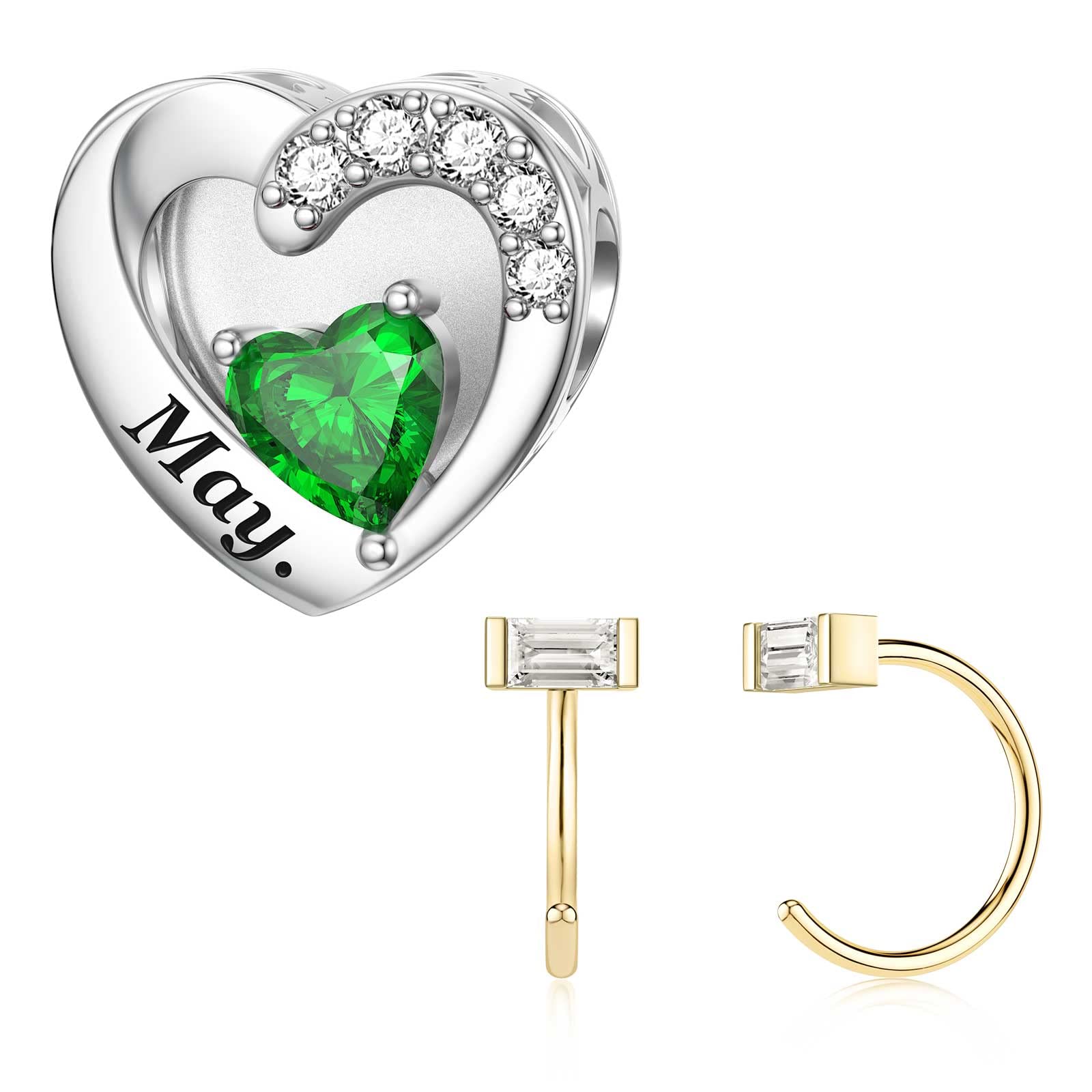 SEVENWELL Birthstone Charm and Women Earrings Set, May Charm for Pandora Bracelet, 14K Gold Baguette CZ Half Huggie Hoop Earrings