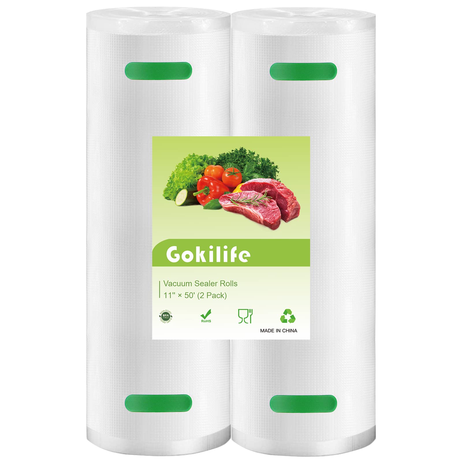 Gokilife Vacuum Sealer Bags - 2 Pack of 11" x 50' Food Saver bags, Commercial Grade Vacuum Seal Bags Rolls with BPA Free and Heavy Duty, Seal a Meal Bags Great for Vac Storage, Meal Prep or Sous Vide