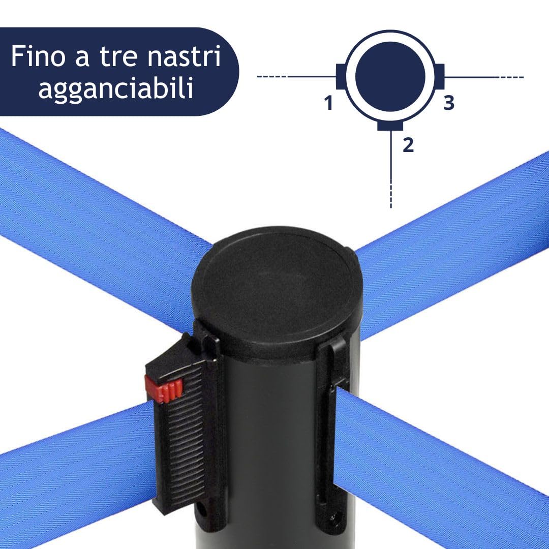 Danieli - Colonnina Segnapercorso con Nastro Estensibile Fino a 3 Metri, Metallo Nero Opaco, Base Conica (Blu)