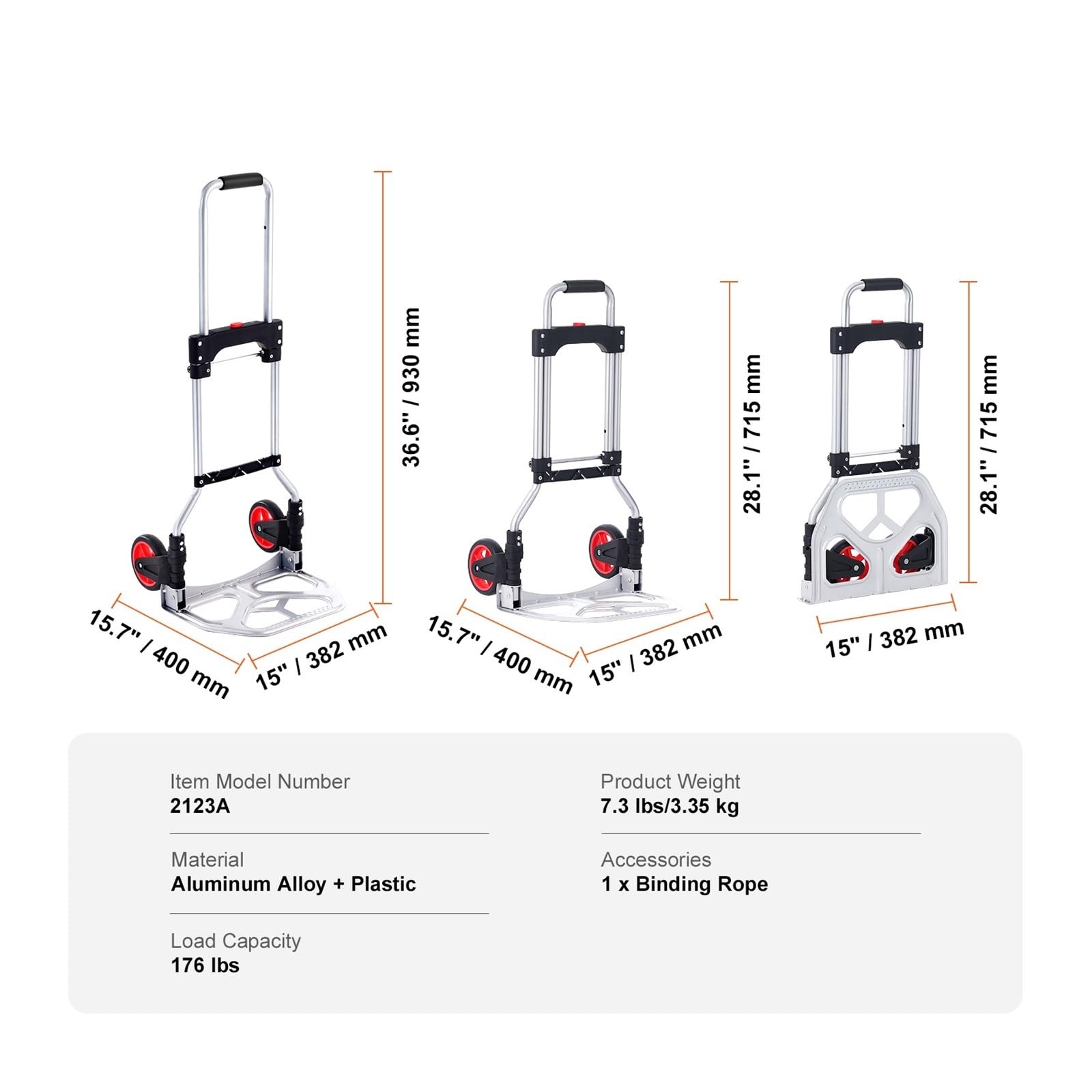 Carrello portatile pieghevole for carrello a mano da 176/275/309 libbre con maniglia telescopica e corda, compatibile for lo spostamento del magazzino(176 lbs)
