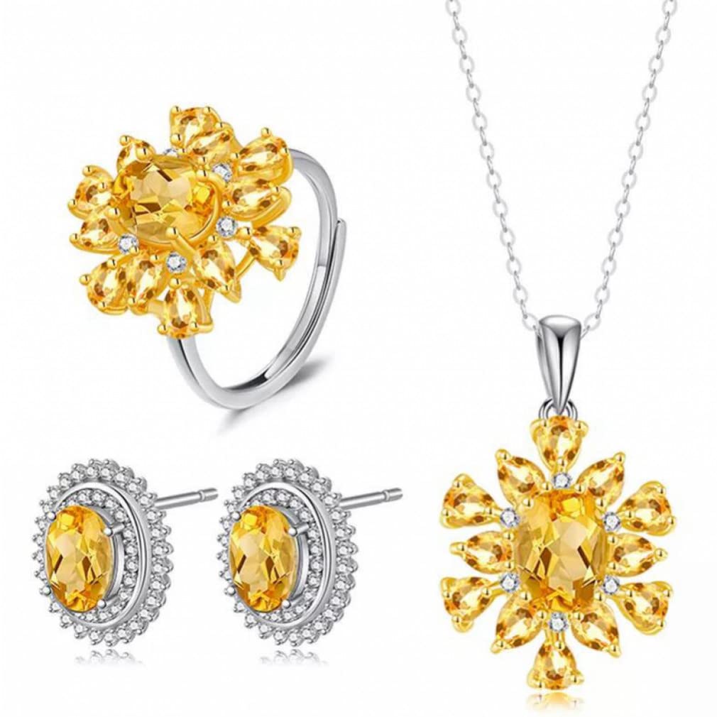 ZHUDJ Citrino 925 Collar de Plata esterlina Anillos Pendientes Mujeres Grandes Piedras Preciosas de Cristal S925 Conjunto de joyería Fina