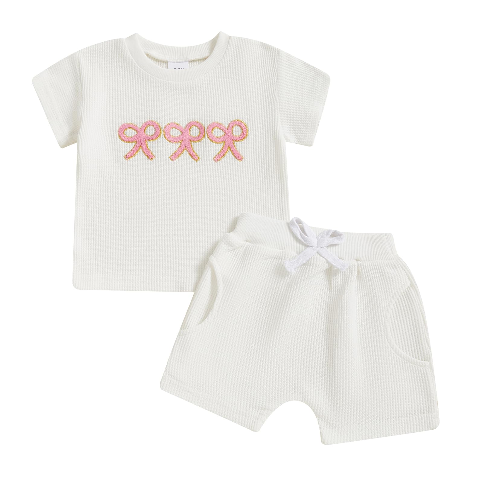 Baby Girl Summer Clothes Short Sleeve Bows Embroidered T-Shirt Tops Pockets Shorts Set Toddler Waffle Knit Outfit