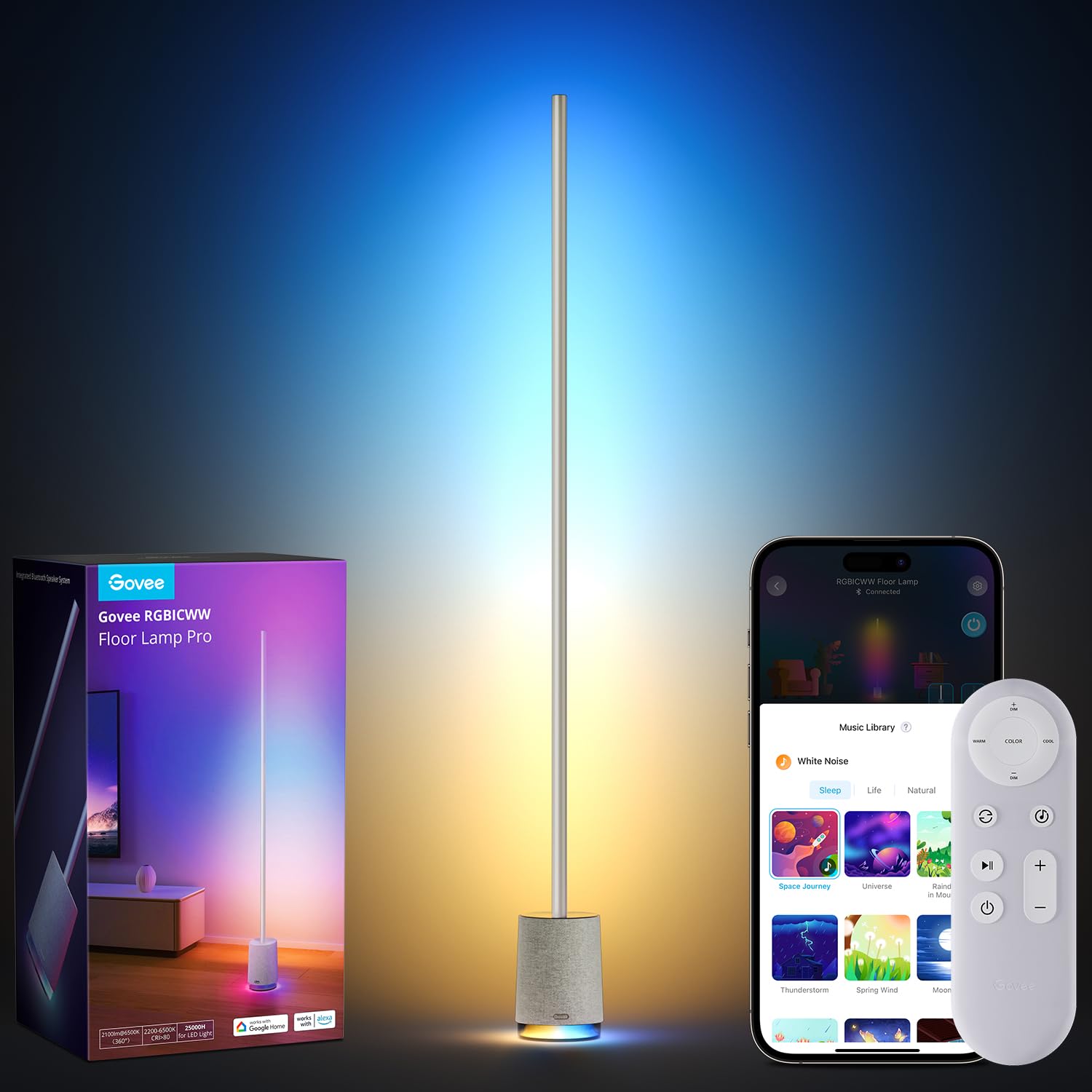 Govee Lámpara de Pie Pro, Lámpara LED RGBIC de 2100 Lúmenes con Altavoz Bluetooth y Ruido Blanco, Funciona con Alexa, 16 Millones de Colores, Sincronización de Música, Para Salón, Gris