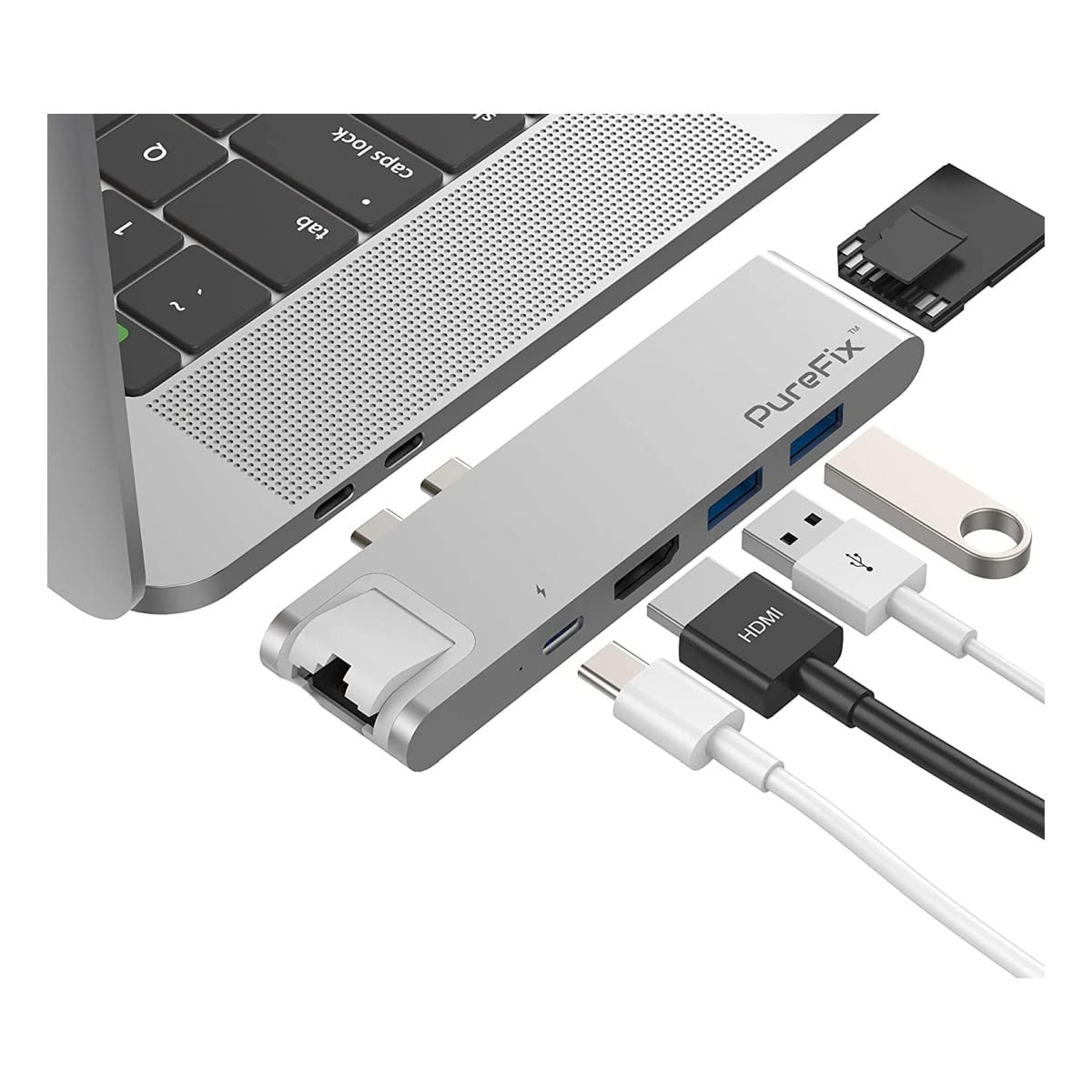 PureFix USB C Hub Adapter, 7-in-2 Extension with Gigabit Ethernet, 4K HDMI, Type- C 100W PD & 40Gbps, 2 USB-A 3.0, SD & MicroSD/TF Card Reader for 2016-2020 MacBook Pro 13' 15' 16' & 2020 MacBook Air