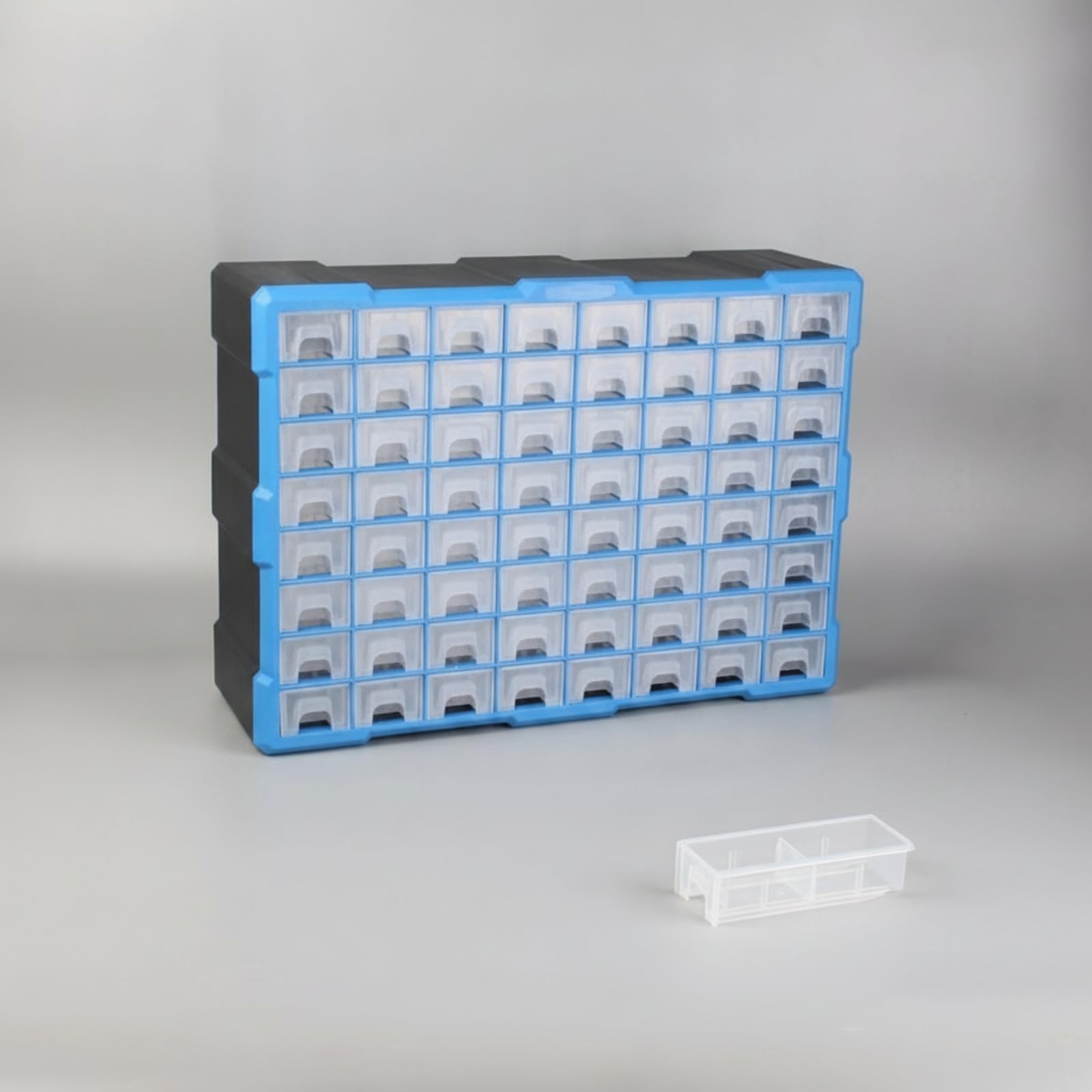 Organizador de Componentes con 64 Cajones Transparentes Gabinete de Almacenamiento Cajonera de Piezas Archivador de Tornillos Distribución Eficiente, Azul