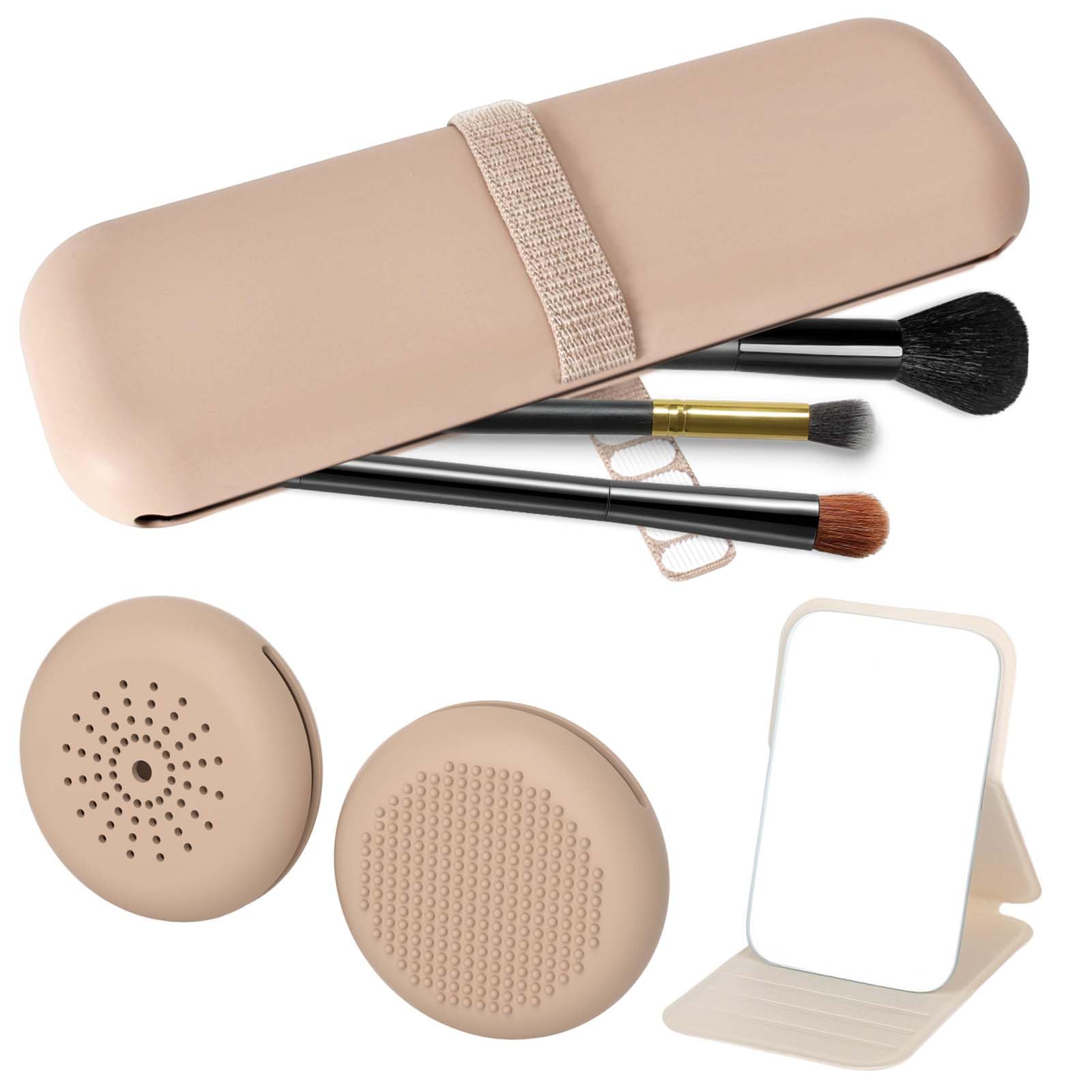 Silicone Travel Makeup Brush Holder, Beauty Blender Puff Case, Folding Mirror Small, Portable Travel Accessories