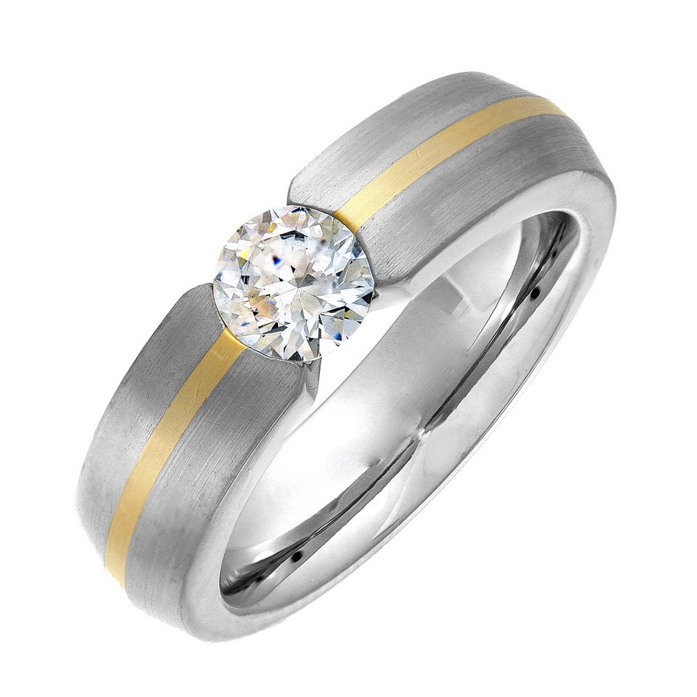 Theia Anillo Titanio y Oro Amarillo de 9k, Incrustado de 6 mm, Corte con ZC en Tensión