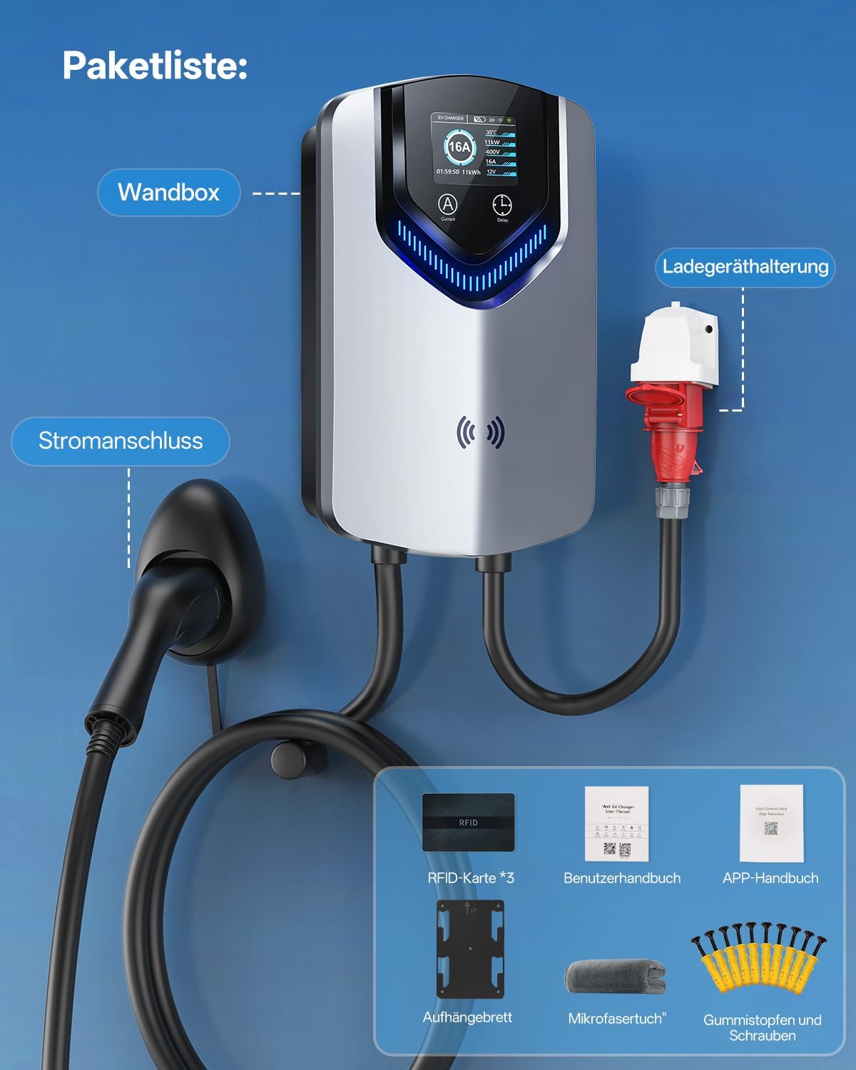 Wallbox 11kW mit APP & RFID – 3-Phasiges Typ 2 EV-Ladegerät 400V, 6–16 A, 8M Kabel mit Kabelhalter – RCD Typ B & IP54,Einstellung Startzeiteffiziente Ladestation für Zuhause für BEV PHEV