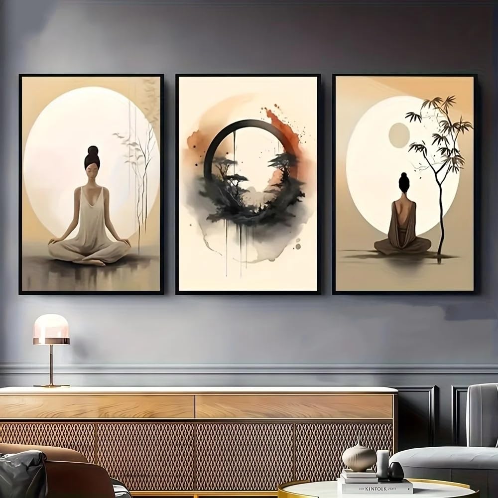 LTjiajuypd Stampe su tela, decorazioni per la casa, paesaggio naturale sereno, stile sud-est asiatico, cerchio di meditazione zen (50x75 cm - 3 pezzi)