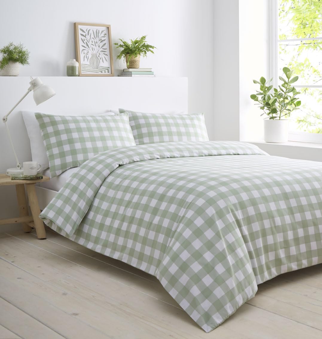 HOMEMAKER BEDDING Gingham Check Duvet Set, Quilt Cover Pillow Cases, Polycotton (Green, Double)