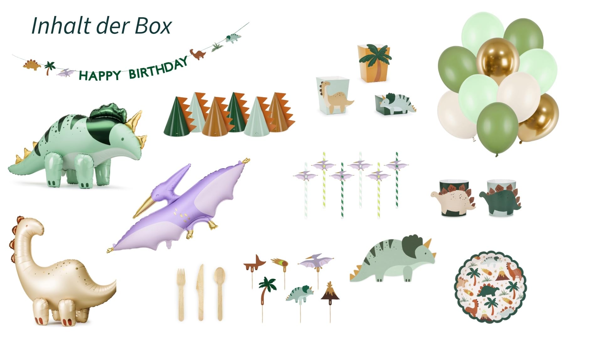Schiggeria Dinosaurier Geburtstag Set für 6 Personen, Ballon Mix, XXL Dino Ballons, Happy Birthday Girlande, Geschirr und Besteck, Cake Topper, Kinder Dino Geburtstag, Grün und Gold...