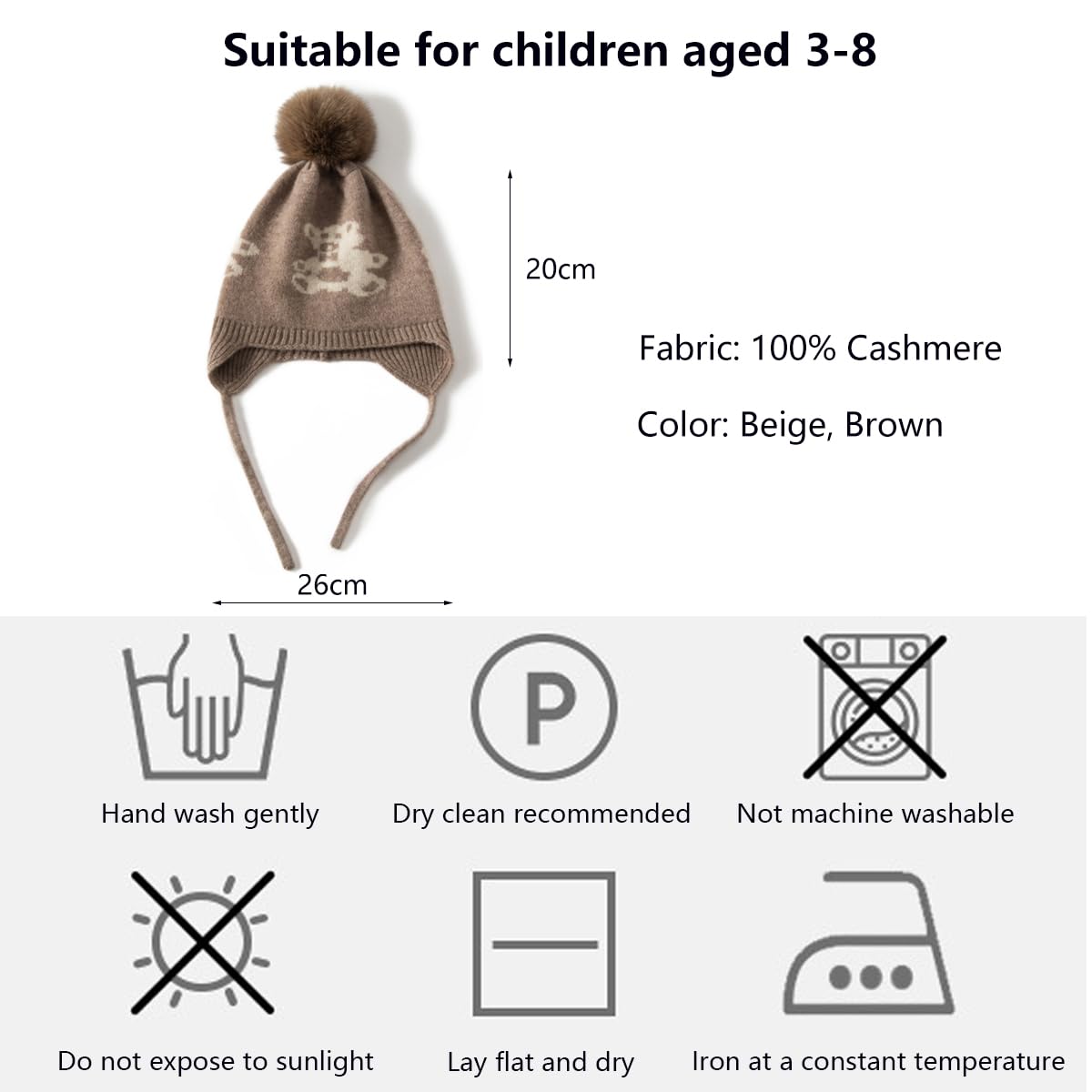 100% kaszmirowa czapka z pomponem, czapka beanie dla dzieci chłopców i dziewczynek w wieku 3-8 lat, zimowa, miękka, ciepła czapka z dzianiny ze zdejmowanym pomponem, słodka czapka na narty, brązowy
