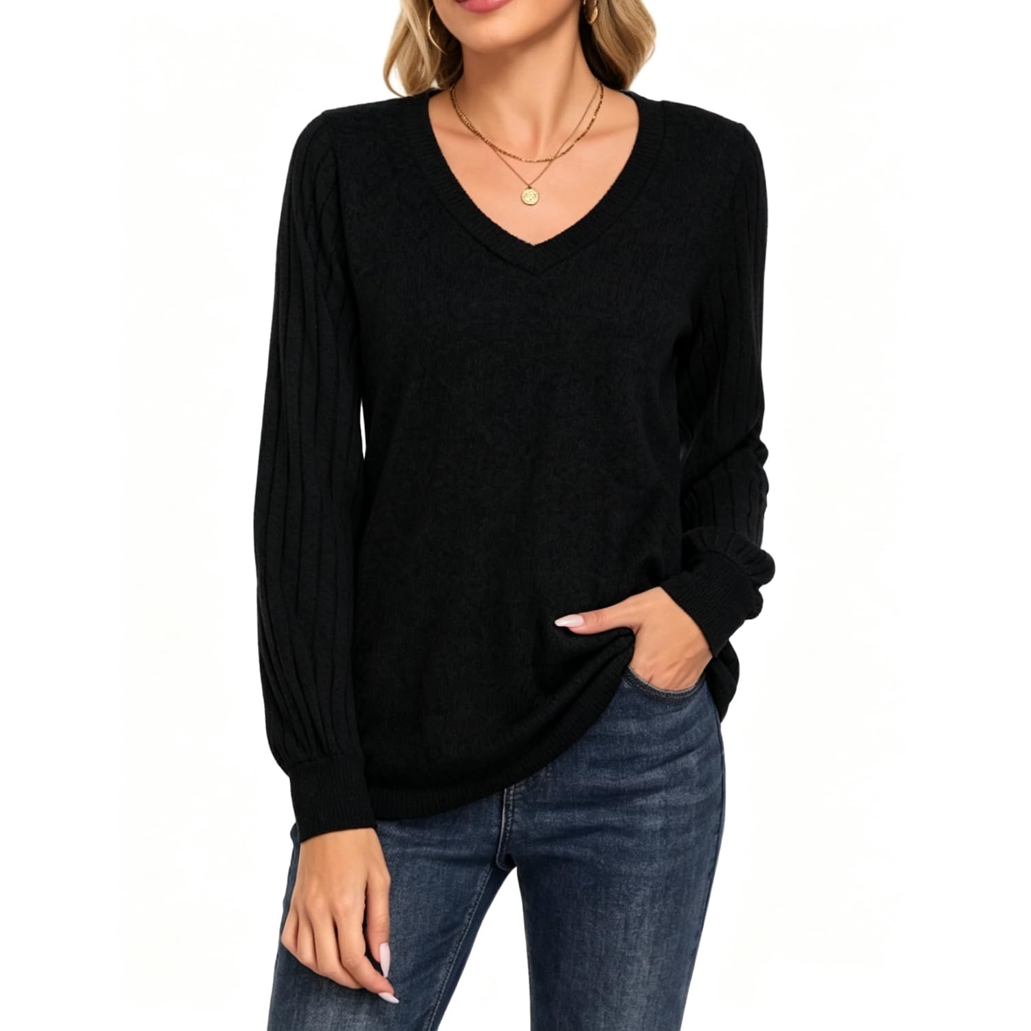 WNEEDU Maglietta Donna Maniche Lunghe Maglia Scollo a V