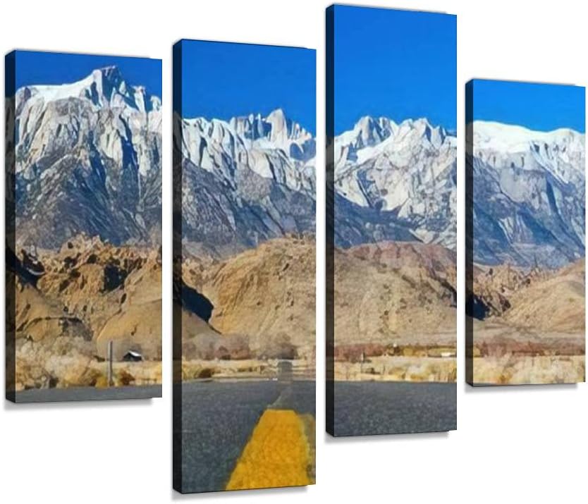 Canvas Print Artwork On the road through the Sierra Nevada mountain range Wall Art Pictures Framed Digital Print Abstract Painting Room Home Office Decor Ready to Hang - 4 Panel