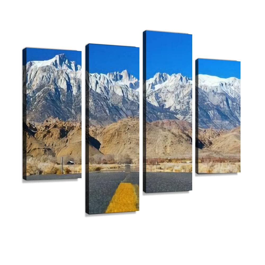 Canvas Print Artwork On the road through the Sierra Nevada mountain range Wall Art Pictures Framed Digital Print Abstract Painting Room Home Office Decor Ready to Hang - 4 Panel
