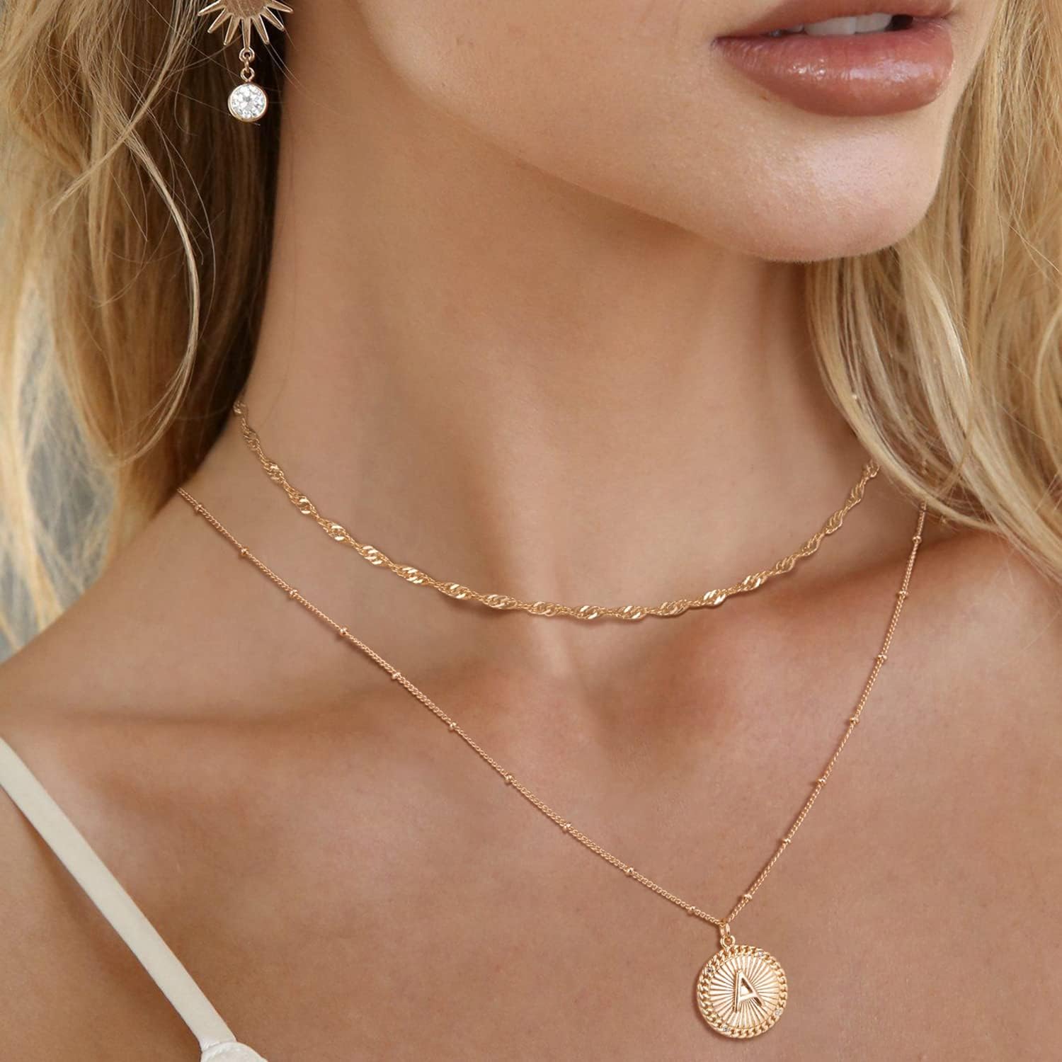 Layered Initial Necklace Set Gold Coin Disc CZ Initial Pendant 14K Gold Plated Dainty Water Ripple Link Chain Choker Necklace Personalized Jewelry Gift for Women Letter P - Image 2