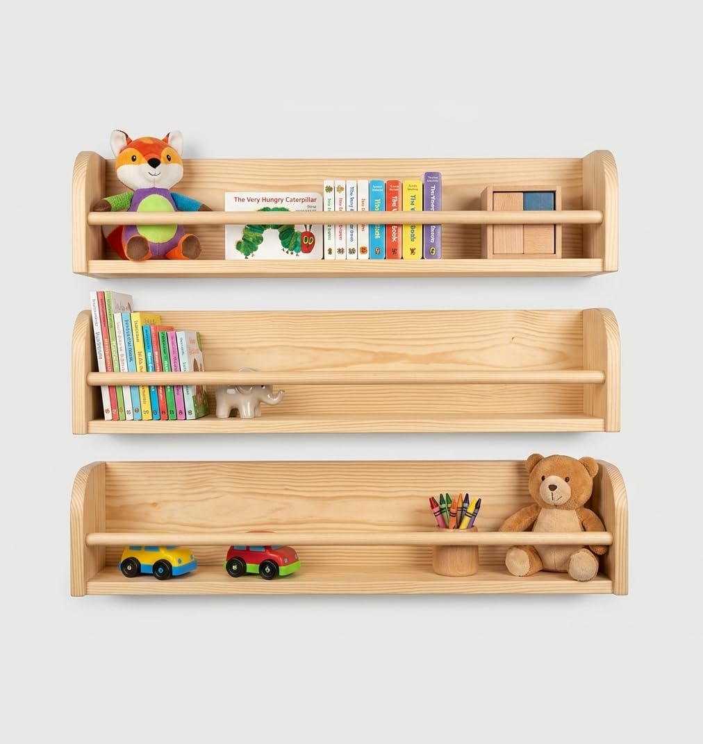 Decazone Nursery Wall Shelves Set of 3, Solid Pine Wood Floating Bookshelves for Kids Room, Bathroom, Kitchen & Living Room – Multipurpose Wall Storage & Display Rack (Natural Finish)-image-22