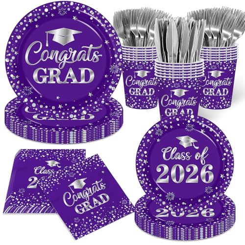 Graduation Plates and Napkins Purple Graduation Decorations 2026 Tableware Class Of 2026 Grad Paper Plates and Napkins for Congrats Grad Party Decorations
