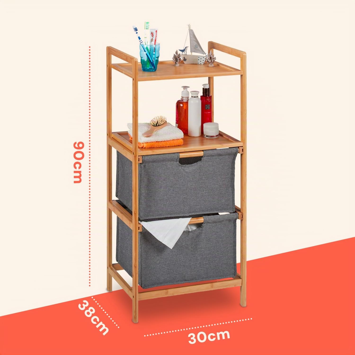 Avilia - Mobiletto Bagno Salvaspazio in Bambù con 2 Ripiani e Cesto Portabiancheria Rimovibile, Design Moderno Multiuso per Bagno, Cucina e Lavanderia Facile da Montare e Resistente
