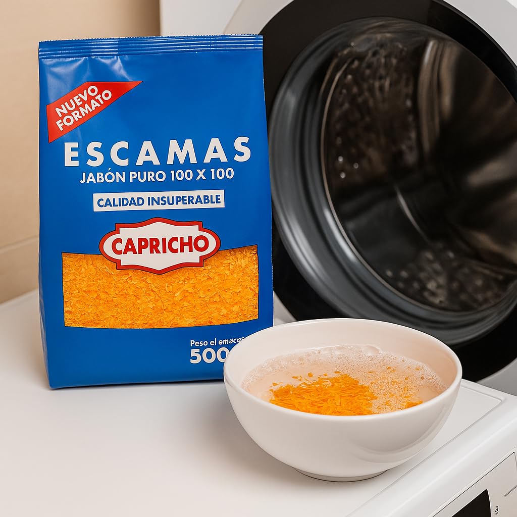 Capricho Escamas de Jabón Natural 100 % Puro 500 g, Jabón en Escamas para Ropa, Suelos y Loza, Uso Doméstico a Mano y en Lavadora