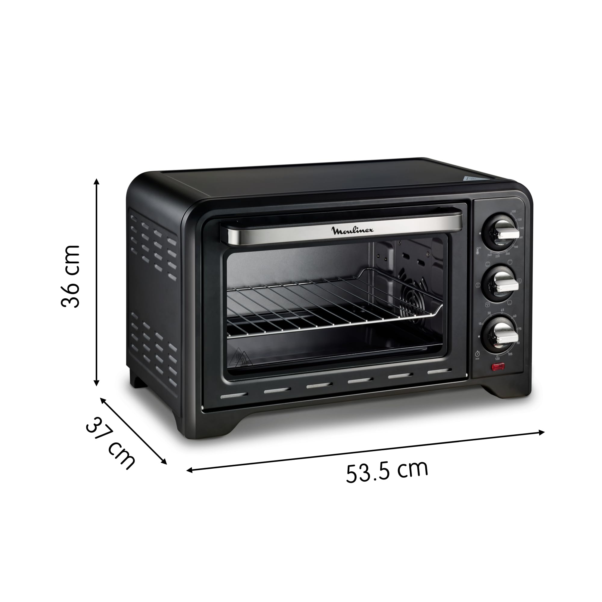 Moulinex Four électrique posable 19 L, Compact, chaleur tournante, 6 modes de cuisson, Thermostat réglable jusqu’à 240°C, Minuteur 120 min, Grille réversible, Lèche frites, Optimo noir OX444810