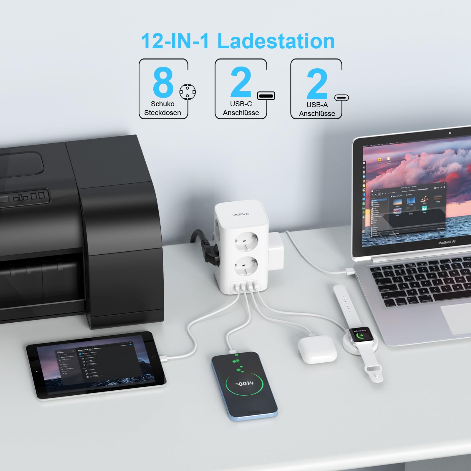 VEFVE Multiprise Tour 12 en 1 (4000W 16A), Bloc Prise Parafoudre avec USB C 30W GaN Charge Rapide, 8 Prises Françaises et 4 USB, Interrupteur, Câble 5m, Blanc