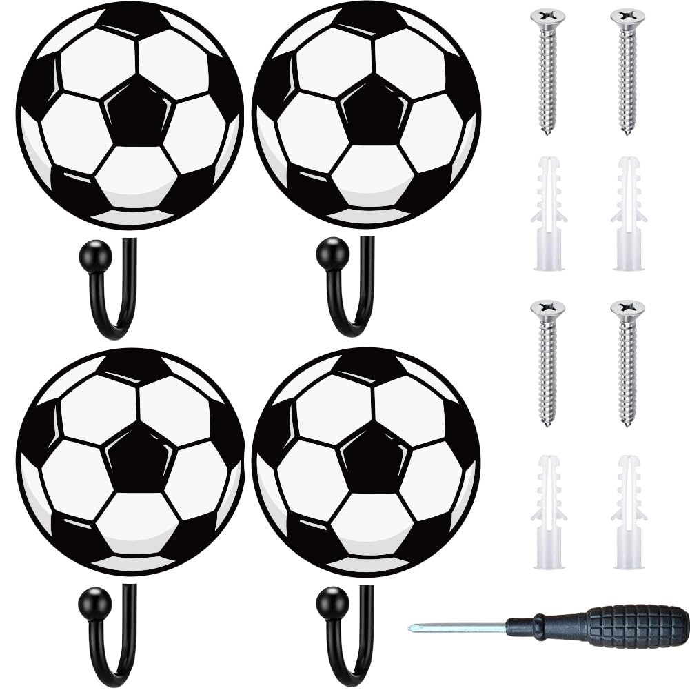 PRESSINART 4Pcs 4 Styles Soccer Ball Hooks Decorative Coat Hooks Wall Mounted Sport Theme Cute Wooden Coat Hangers with Screws for Bedroom Bathroom Entryway Kitchen Home Organization Decorations Gifts