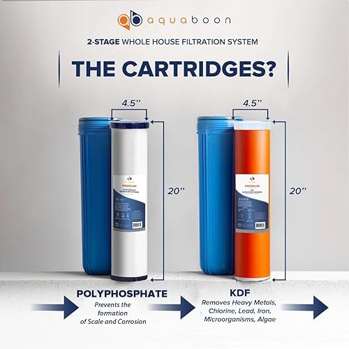 Miniatura 3 de Aquaboon Sistema de filtro de agua de 2 etapas para toda la casa con filtros KDF de 20 x 4.5, antiescala, manómetros y liberación, llave, soporte de