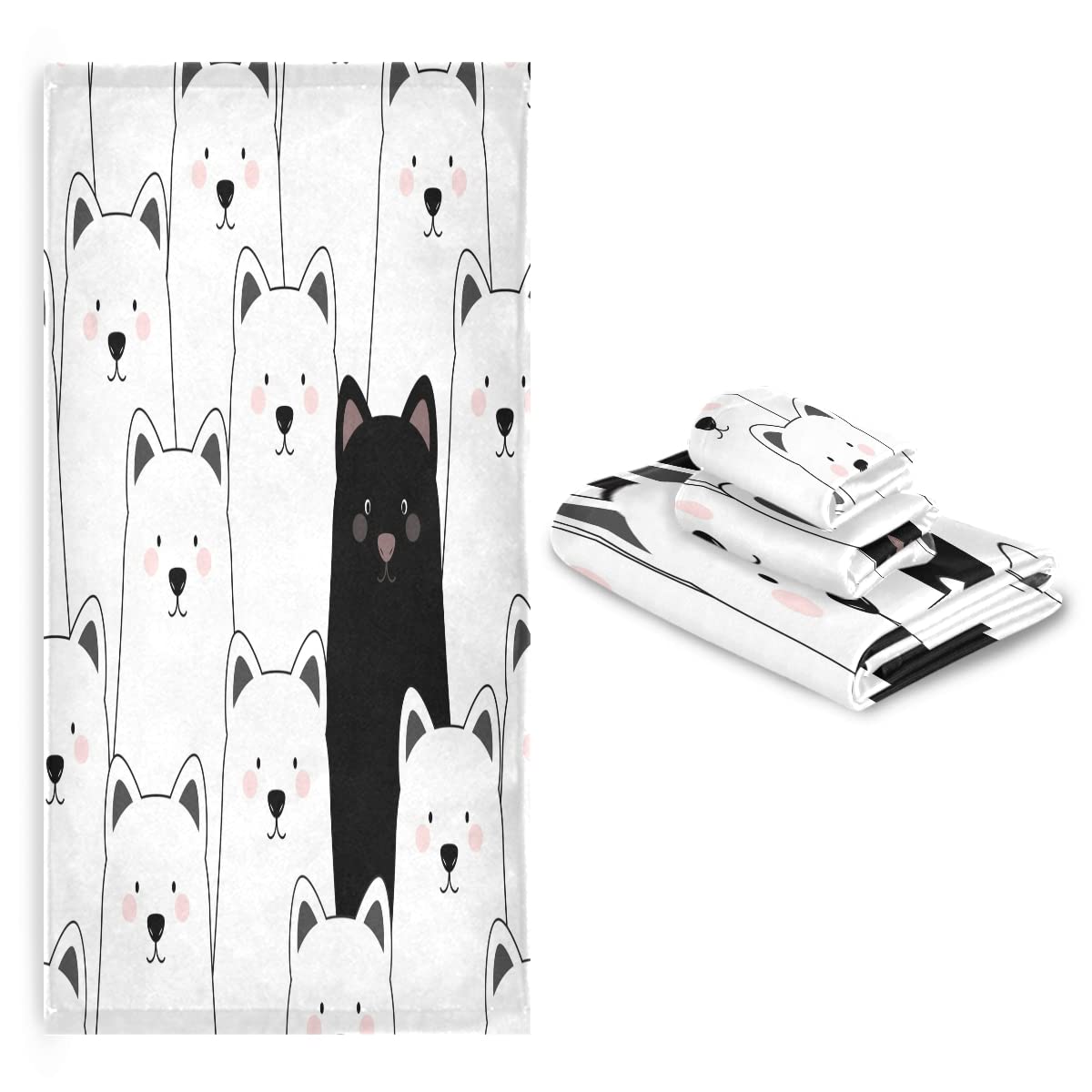 Vnurnrn Negro Blanco Gatito Perro Cat Juego de Toallas para Baño Playa Toalla (1 Toalla de Baño y 1 Toalla de Mano y 1 Paño de Lavado) para Nadar Niñas Niños