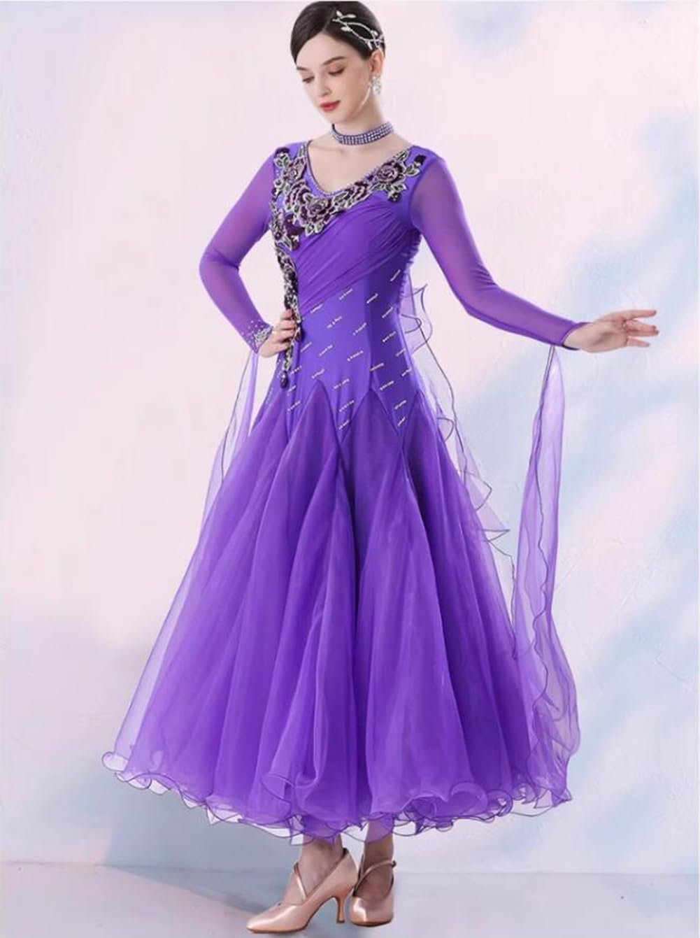 Women’s Ballroom Dance Dress Embroidery Flowers Modern Waltz Tango Competition Performance Dancing Clothes(Purple,L)