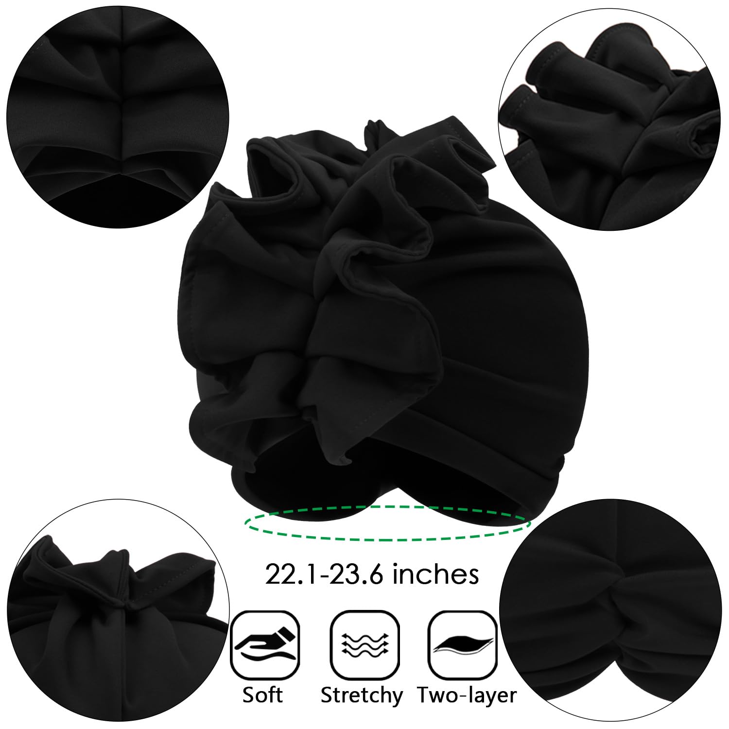 Babalet Stretch Turban Hats for Women - African Double-Layered Headwraps Soft Pre Tied Bonnet Hair Wrap Ruffles Turbans for Black Women, Black
