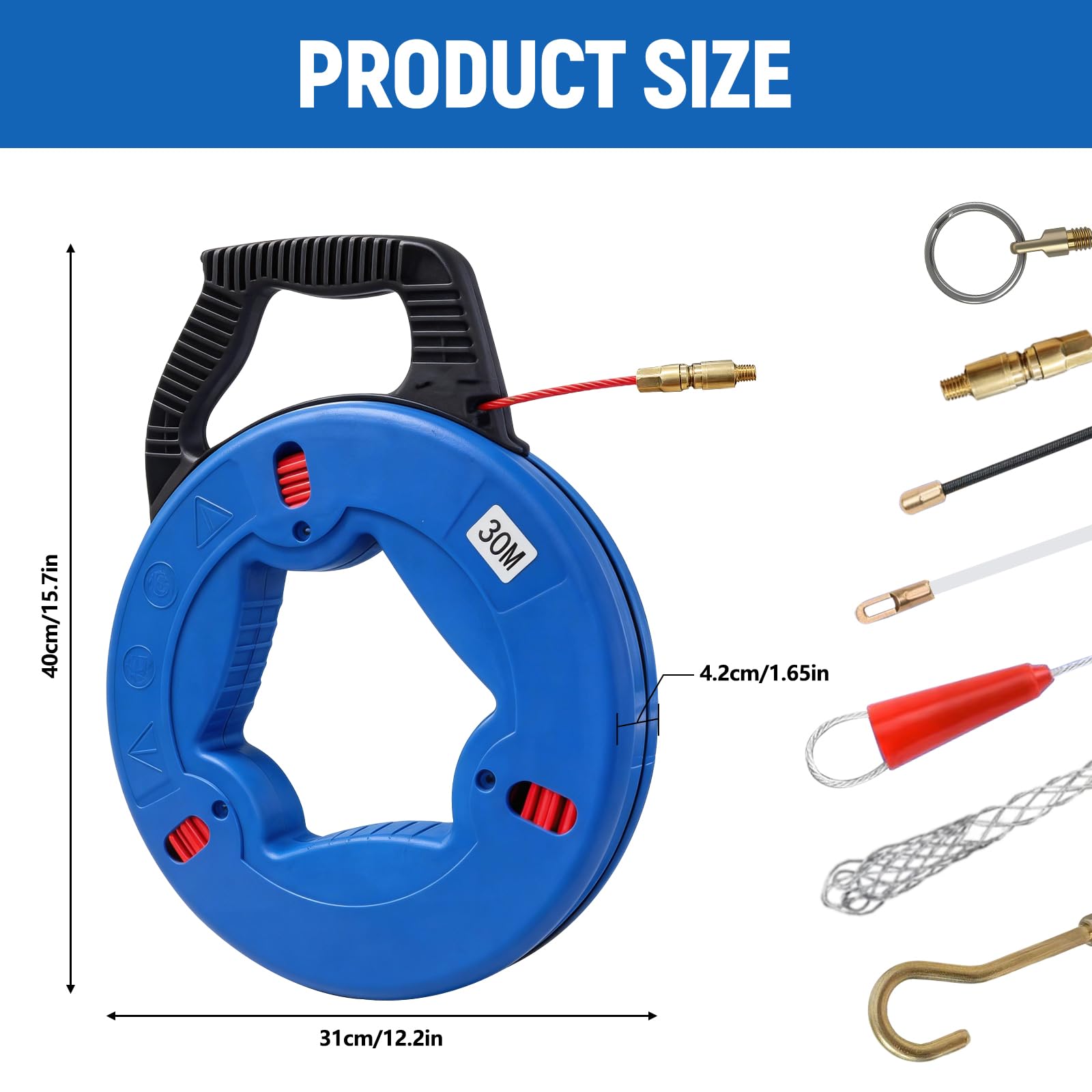 Ayudante de inserción de cable de fibra de vidrio de 30m con cable de 4mm, ayudante de inserción de cable con cabeza de cobre y 6 adaptadores, resorte de inserción, cable de tracción para tubos vacíos