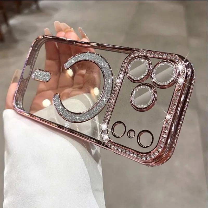 Image of for iPhone 17 Pro Max Magnetic Glitter Case,Luxury Bling Rhinestone Diamond Plated Bumper Case Sparkle Camera Lens Protection Clear Cover for iPhone 17 Pro Max (Pink)