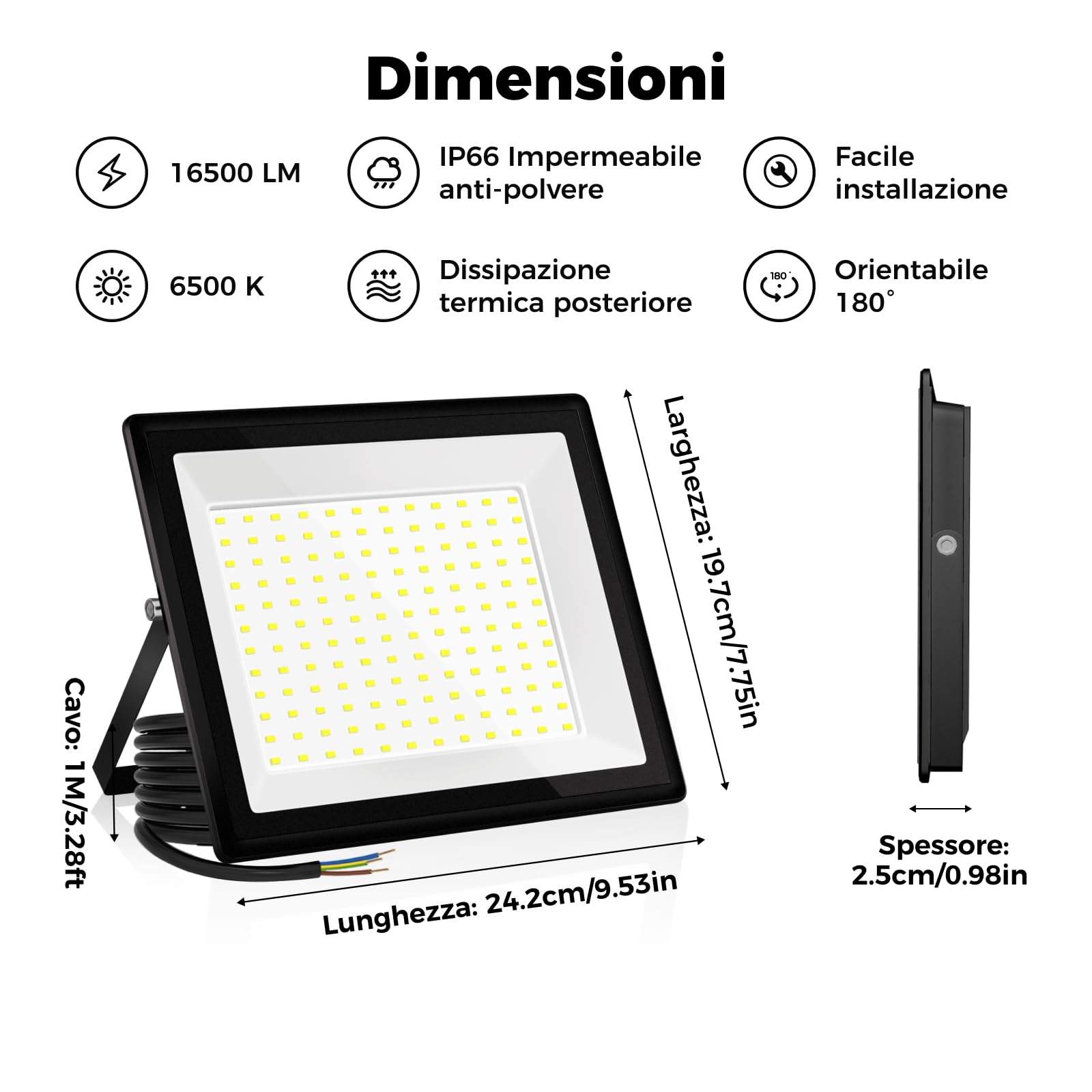 Faretto LED da esterno 150W Industriale 16500LM 6500K Luce Giorno IP66 Impermeabile, Dissipazione Termica Efficiente, Risparmio 85% Faretti LED Esterno per Corti/Magazzini/Garage (2pcs)