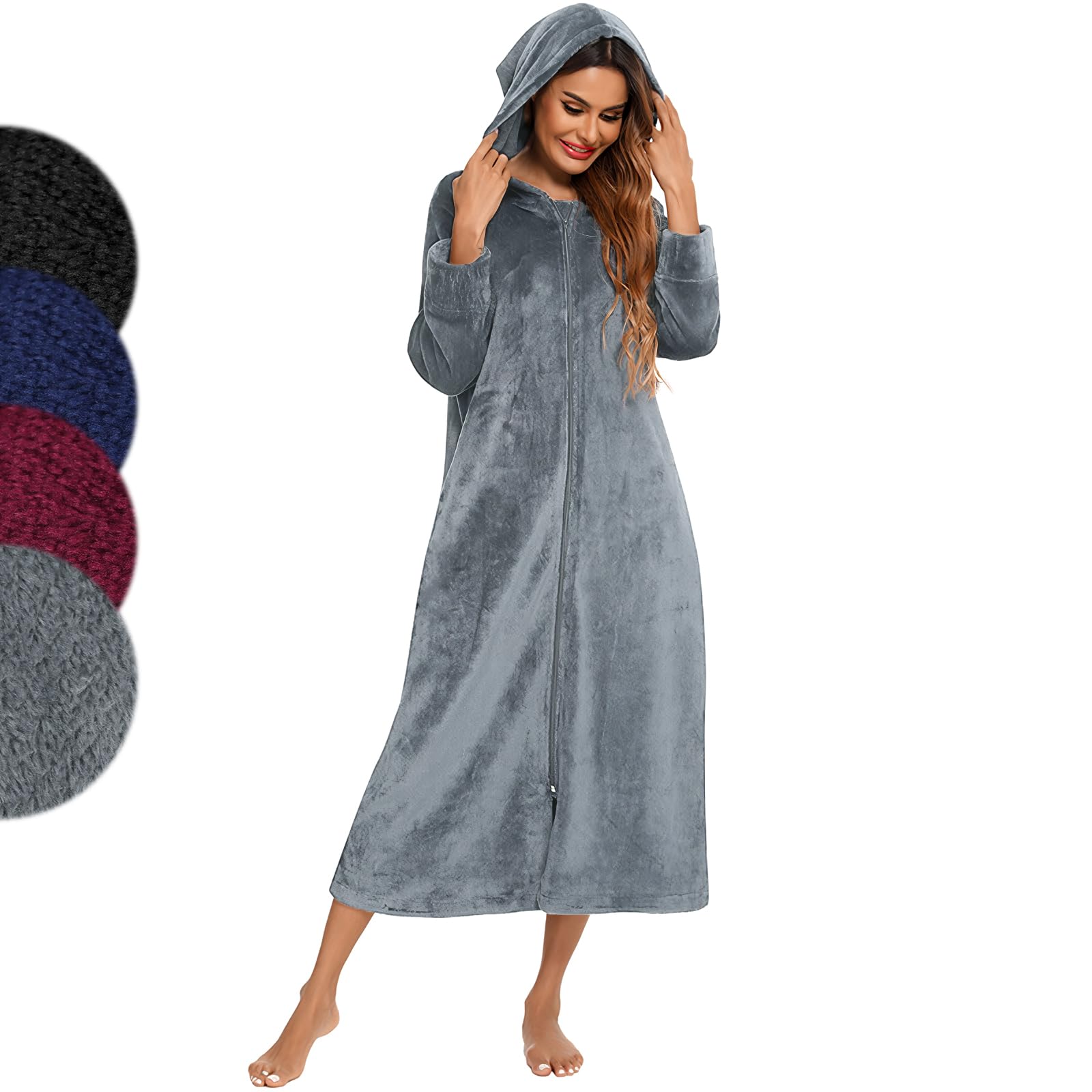 Ladies Dressing Gown Fleece Zip Through Robe Fluffy Super Soft Hooded Bathrobe Ladies Thick Flannel Housecoat Warm Fluffy with Pockets