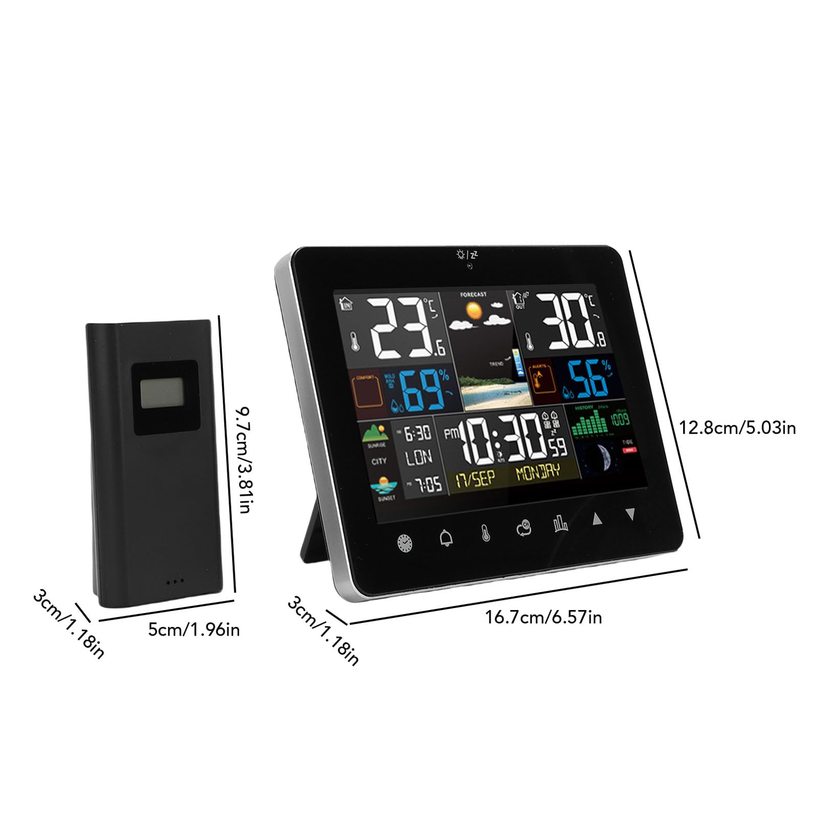 Luocute Digitales Innen- und Außenthermometer, Hygrometer, Farbdisplay, Touchscreen, Wettervorhersagestation mit Kabellosem Sensor, Wecker, Luftdruck für das Heimbüro